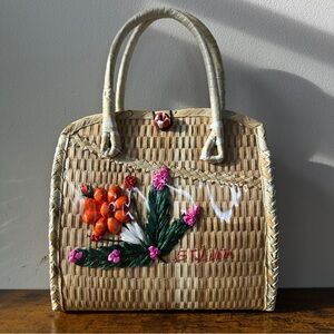 Vtg St. Lucia Woven Straw Handbag - Handmade Floral Raffia Tote - Tropical Boho